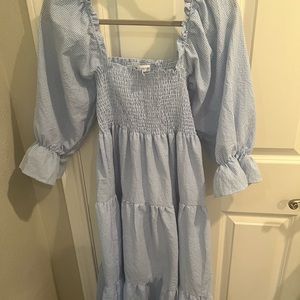 Gingham blue smocked puff sleeve  maxi dress
